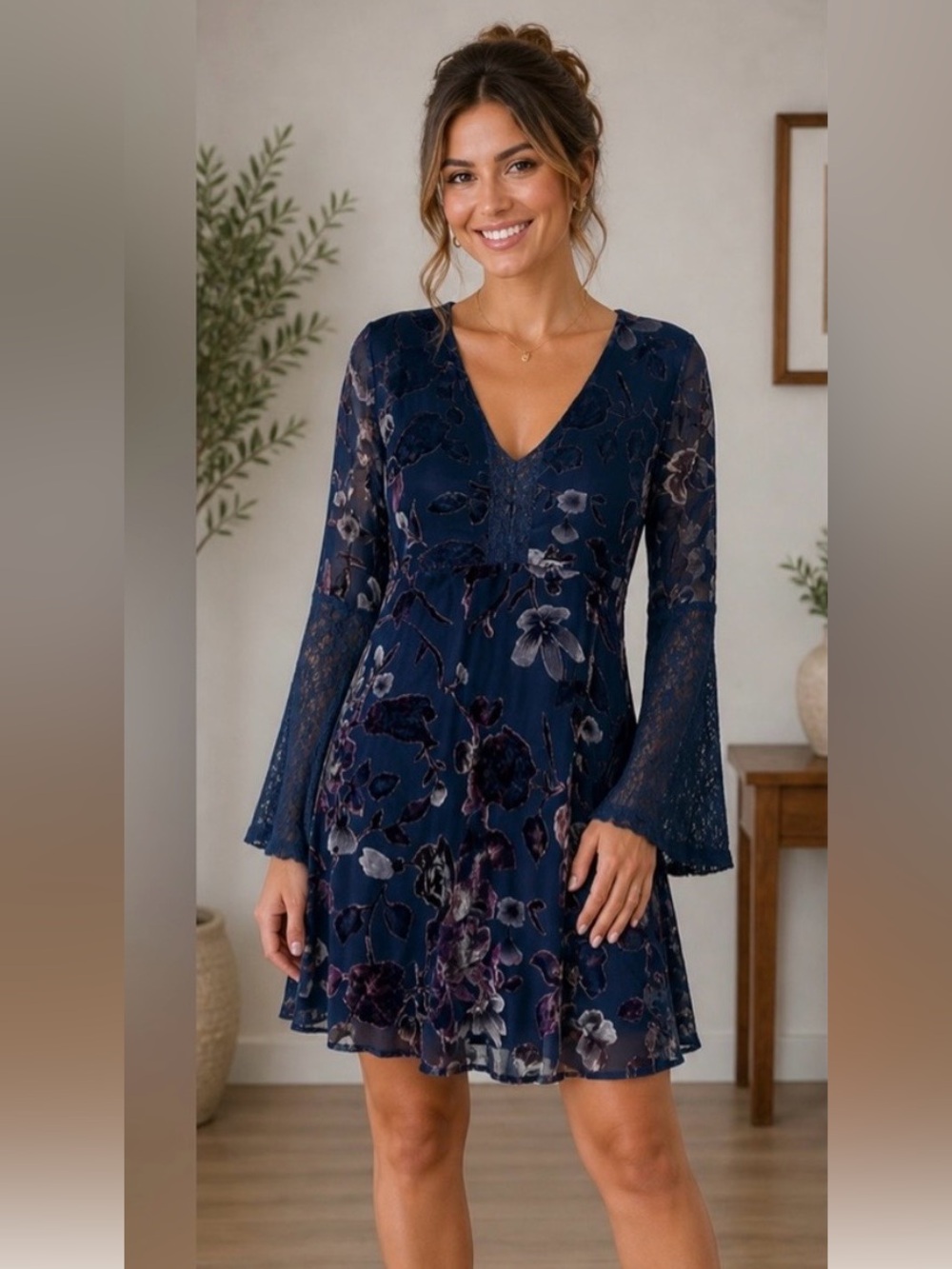 Lucca Couture Navy Blue Velvet Floral Dress With Lace Size Medium